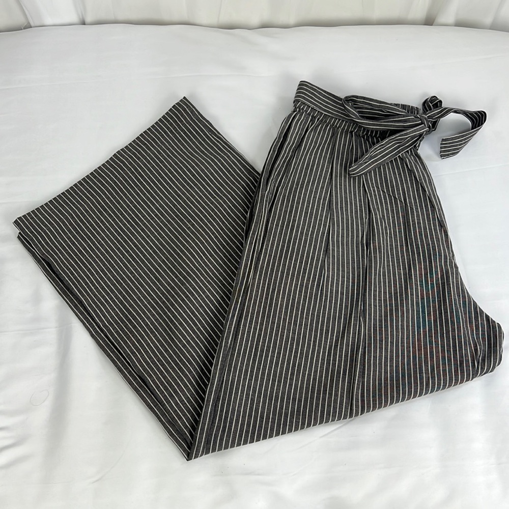 Kowtow Stripe Wide Leg Pant Self Belt Waist Tie Size Large